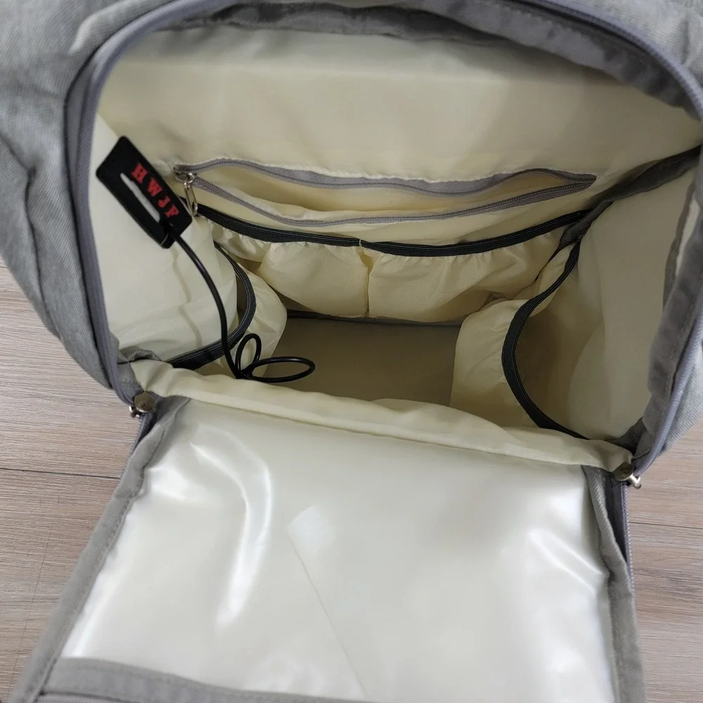 HWJF Gray Diaper Bag Backpack with USB Charging Port and Fold Out Station
